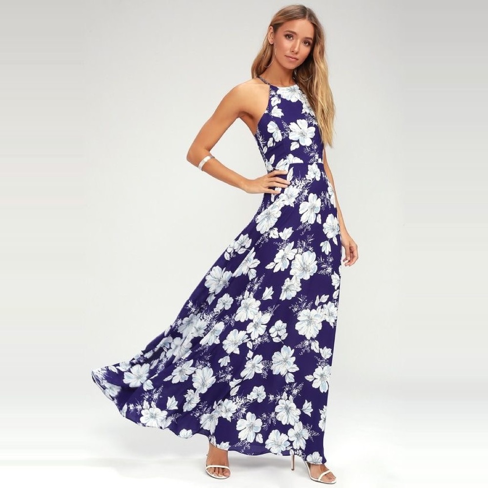 Mock Halter Blue and White Floral Maxi Dress - Picture 2 of 7